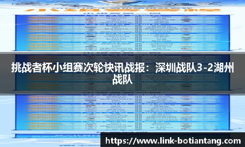 挑战者杯小组赛次轮快讯战报：深圳战队3-2湖州战队